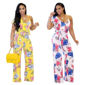 

White Yellow Women Jumpsuits Summer One Shoulder Strap Long Pants Club Party Jumpsuit Floral Print Rompers Sexy Womens Jumpsuit
