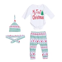 4 шт. комплект детской одежды для мальчиков и девочек Рождество хлопка с длинным рукавом наряд Комбинезон, штаны, леггинсы шляпа комплект
