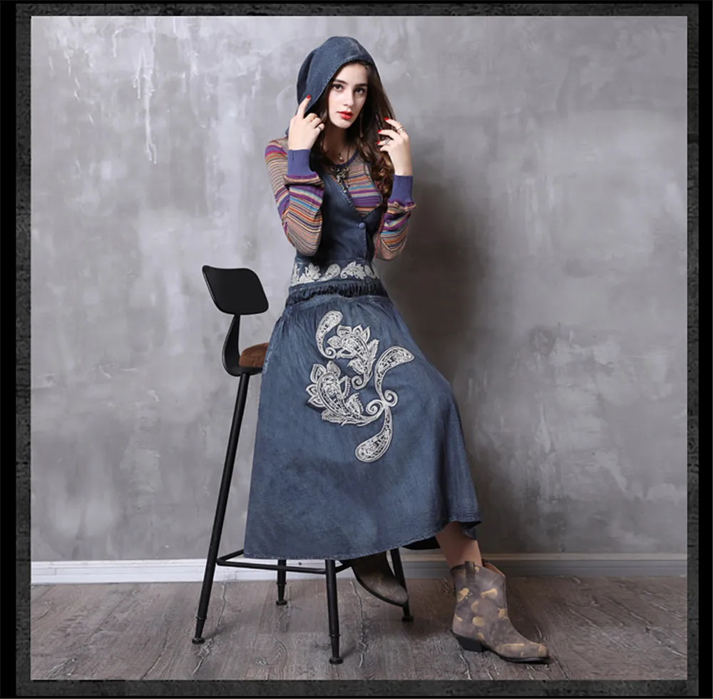 Vintage Hooded Dress Women 2018 New Arrival Denim Dresses Vintage Embroidery V-Neck Loose A-line Long Vestidos Femininas (13)