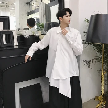 

Nightclub stage men's shirt Korean personality asymmetric hairdresser casual long-sleeved shirt