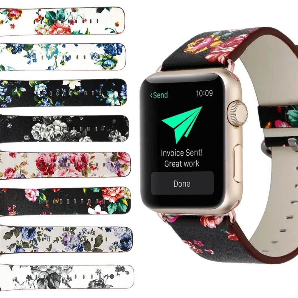 PU кожаный ремешок с цветочным узором для Apple Watch Band SE 38 мм 42 40 44 женский модный