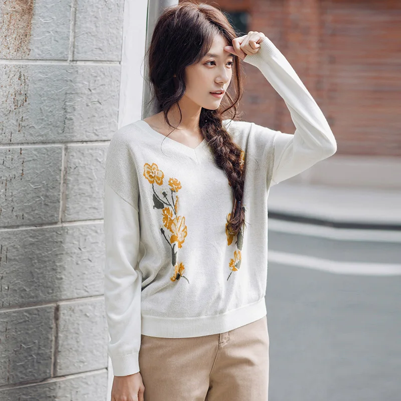 

INMAN Patchwork Color Flower Pattern Women Pullover Knit V Neck Sweater