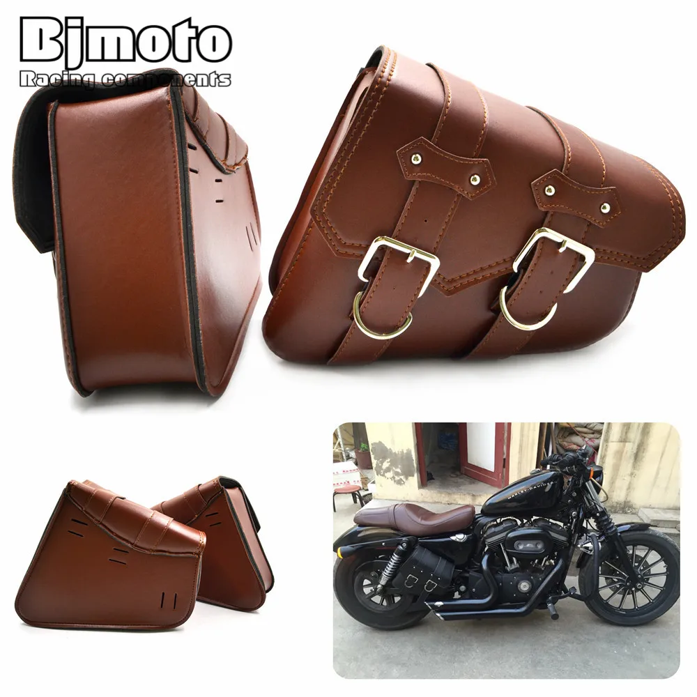 2x Universal Motorcycle PU Leather Saddle bags Cruiser Side Storage