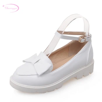 

Chainingyee sweet style comfortable round toe pumps fashion bowknot belt buckle black white pink yellow low heel women's shoes