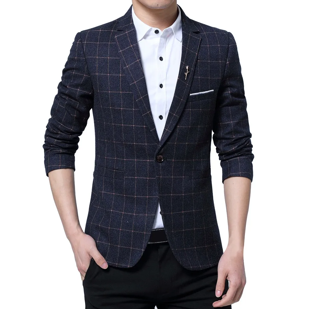 

men blazer jacket plaid slim fit fashion new 2019 terno masculino single Button Suit blazer man d90708