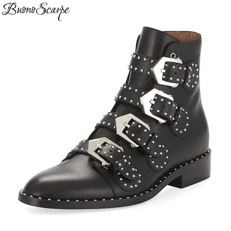 BuonoScarpe Black Real Leather Rivet Boots Women Pointed Toe Metal Belt