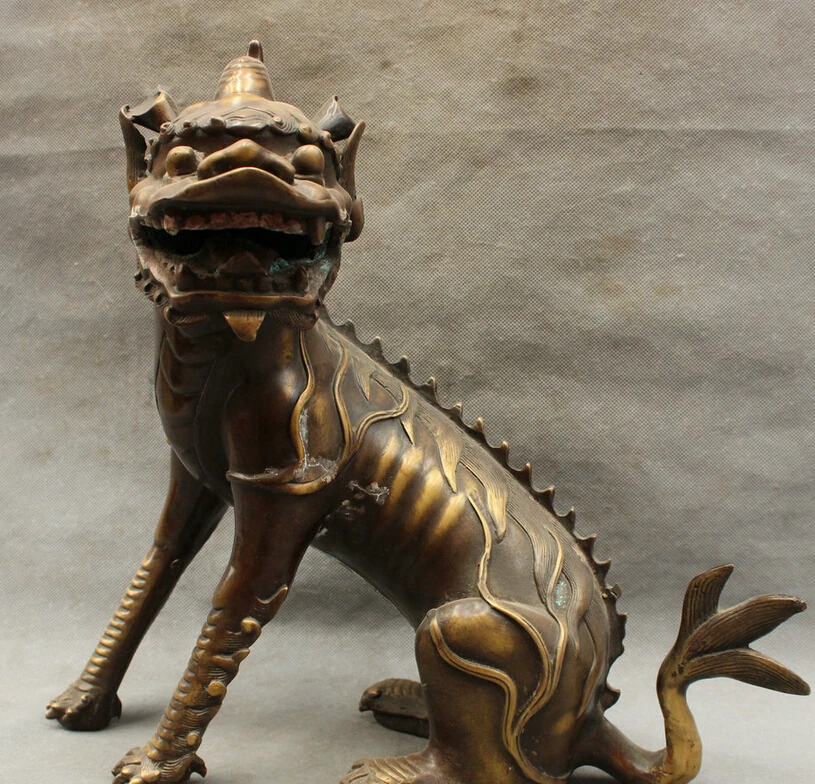 

USPS to USA S1855 16" Folk Chinese Pure Bronze Guard Dragon Unicorn Wealth Fu Lion Kylin Statues B0401