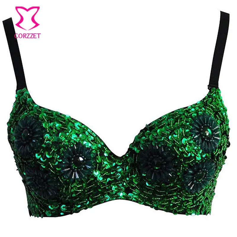 Punk Party Club Wear Women Green All-over Chrysanthemum Floral Beaded  Sequins Sexy Bra Bralet Bralette Underwear For Performance - AliExpress