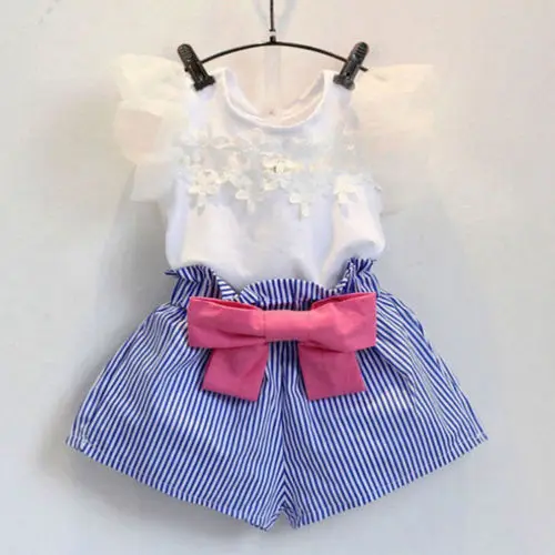 

Cute Toddler Kid Baby Girls Clothes Short Sleeve Lace Tops+Stripe Shorts Outfits Size 3-7T