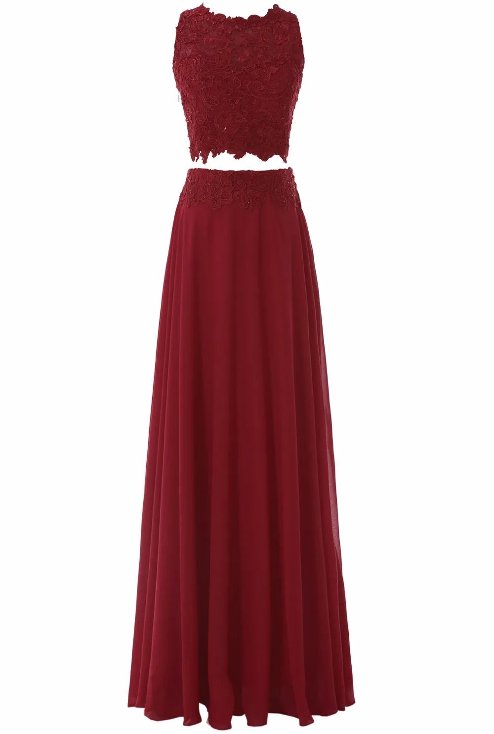 Линия шифон с круглым вырезом Chifon длинный Двойка платье для выпускного вечера 2017 красное кружевное вечернее платье Аппликации vestido de fiesta