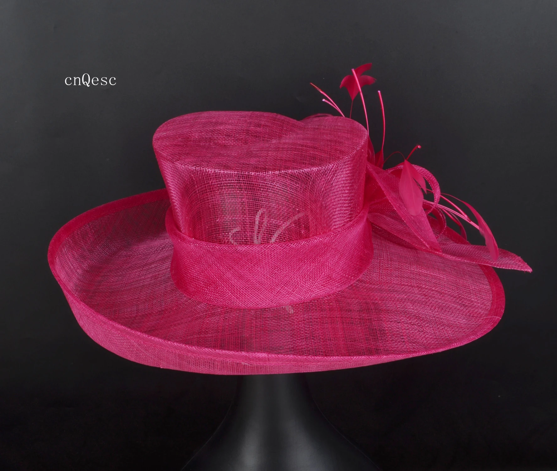 

2019 HOT pink fuchsia big brim Ladies Sinamay Hat wedding fascinator Kentucky Derby hat with Feathers flower for races church