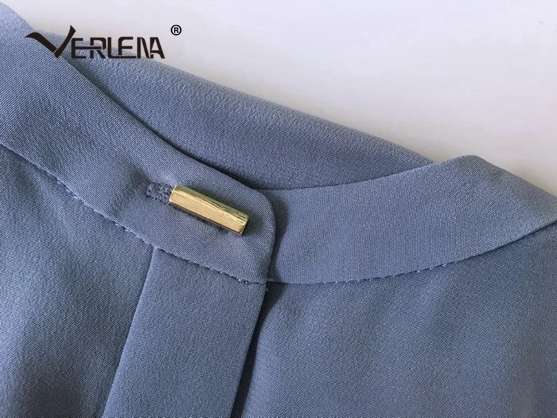 Verlena, шелк, одноцветная синяя блузка, женская, скрытая пуговица, три четверти, рукав-фонарик, Круглый ворот, винтажная рубашка, Женские топы и блузки