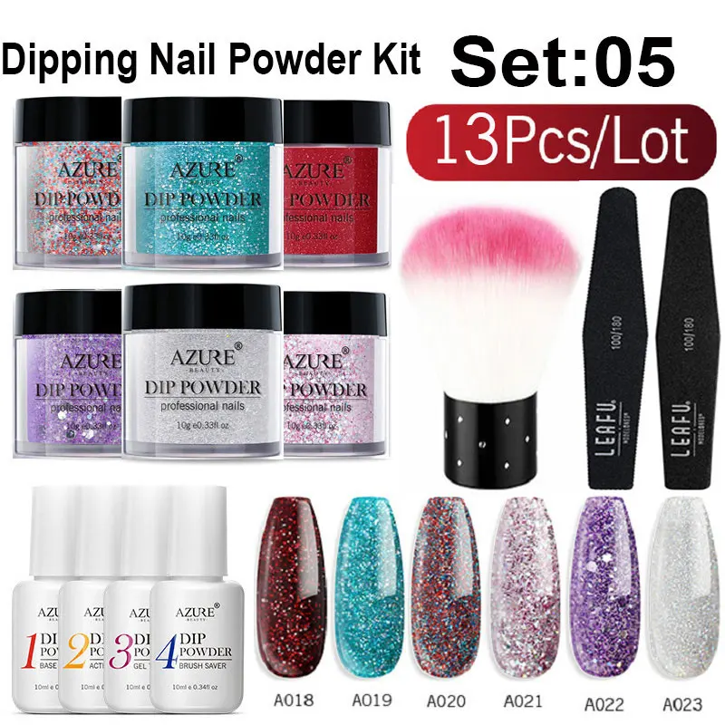 Azure Beauty 13Pcs/Lot Shiny Gradient Color Dipping Powder Chameleon Sequins Nail Powder Natural Dry Nail Art Brush Tools Set