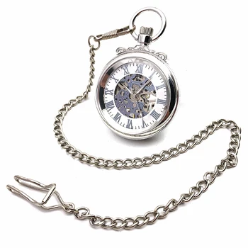 

CAIFU Brand Skeleton Steampunk Open Face Silver Case Roman Number Dial Mens Wind Up Mechanical Pocket Watch w/Chain Nice Gift