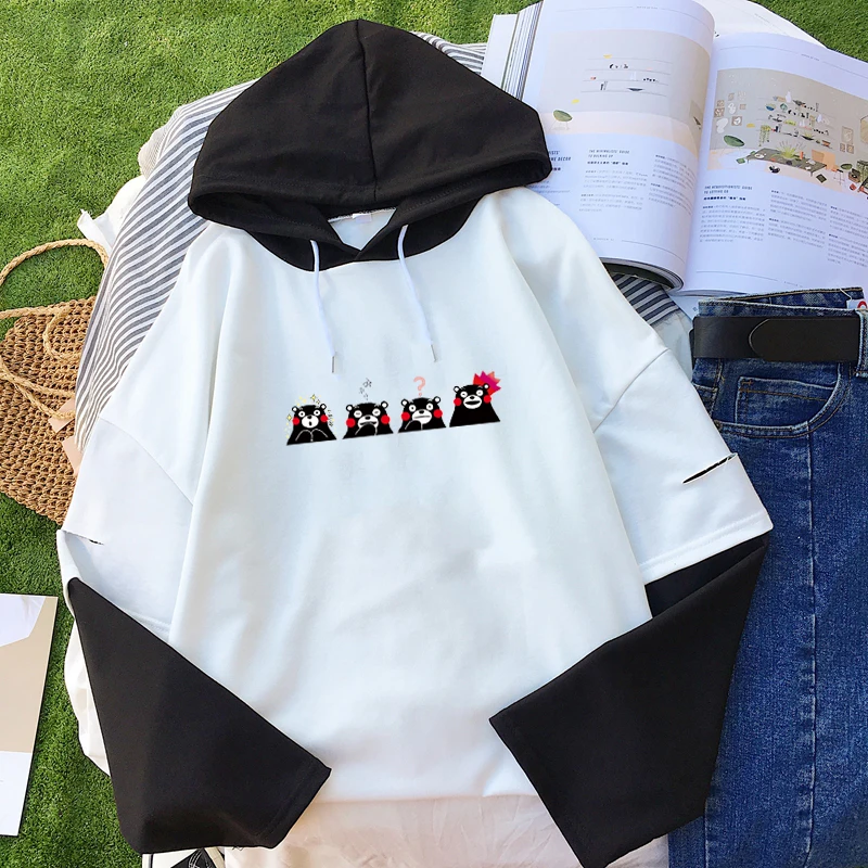 Women Casual Hoodies Kpop Harajuku Kawaii Kumamon Bear Printed Sweatshirt Contrast Color Clothes su