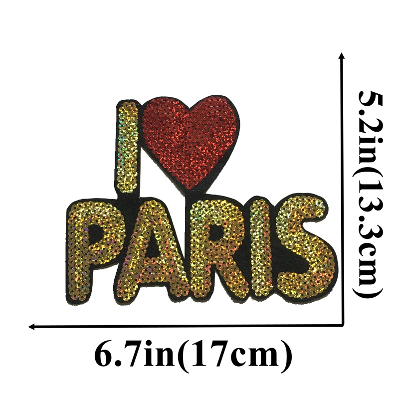 

Gold I LOVE PARIS Patches Iron on Patches for Clothes Jacket DIY Accessory Decorative Applique Letters Sequined Patches 2PCS/lot