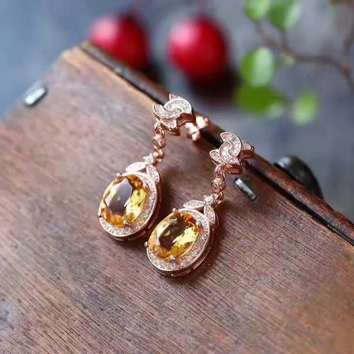 

Round Natural Citrine Earrings Jewelry Pure 925 Sterling Silver Weddings Fine Stud Earrings for Women Gift