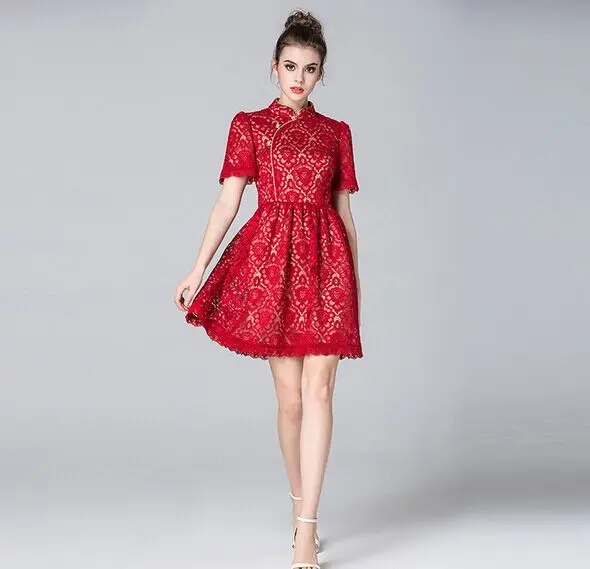 

2017 Summer Party Elegant High Quality Chinese Style Short-sleeved Waist Slim Was Thin Lace hollow A-Line Dress