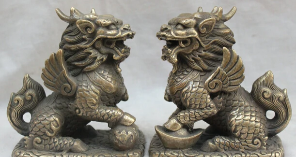 

JP S0524 5" China Chinese Fengshui Copper Yuanbao Dragon Kylin Chi-lin Qilin Statue Pair