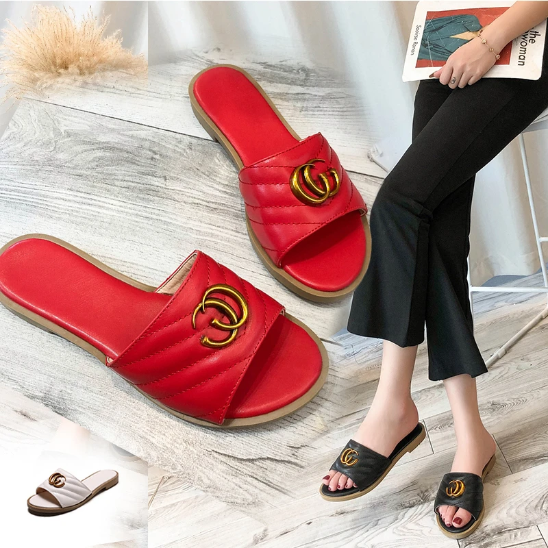 

White Black Red Diomand Plaid Leather Women Slippers Brand Designers 2019 Summer Ladies Slides