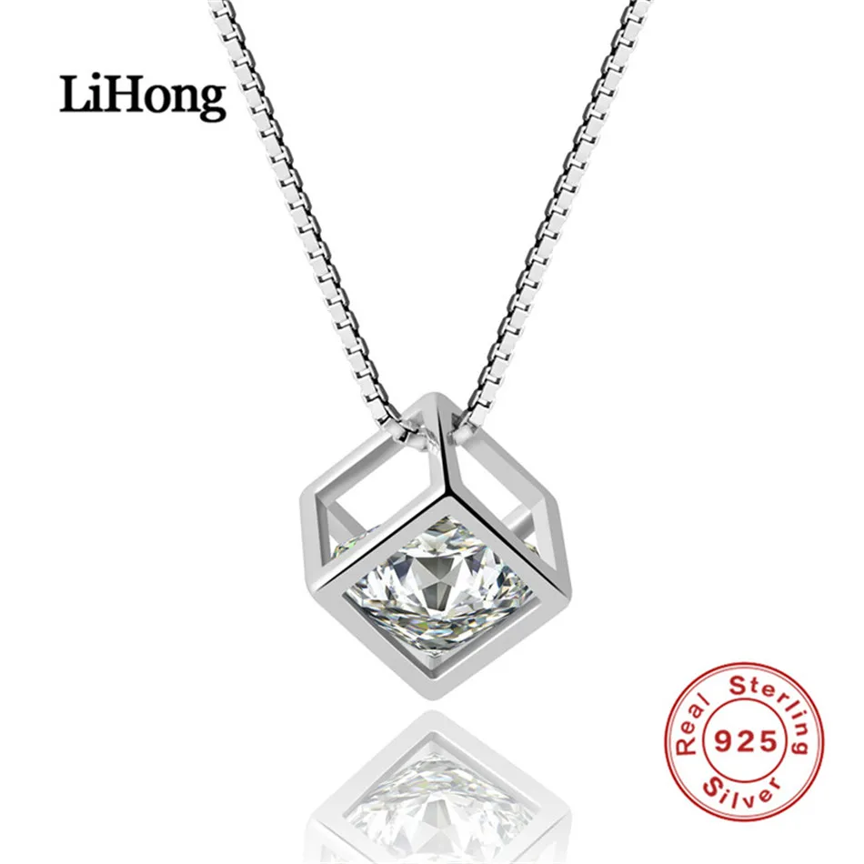 Pure 925 Sterling Silver Jewelry For Women Necklace Fine Jewelry Classic AAA Zircon Square Pendant Necklace