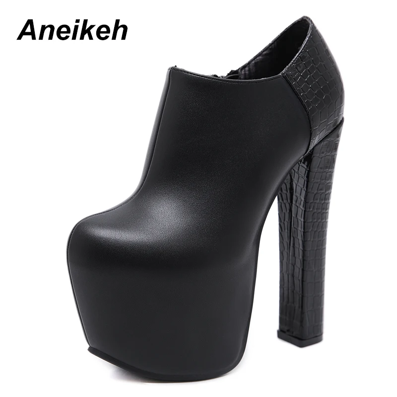 

Aneikeh Spring/Autumn Platform Dress High Heels Woman Ankle Boots Round Toe Thin Heels Boots Fashion Pumps Shoes 39 40 Black