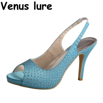 

Crystal Women Platform Sandals 2018 High Heeled Aqua Blue Wedding Party Shoes