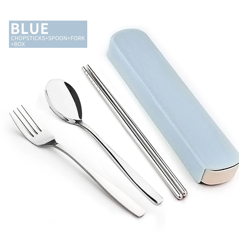 WORTHBUY портативный набор посуды из нержавеющей стали, дорожная посуда с коробкой для малыша, набор столовых приборов для пикника, набор кухонных принадлежностей - Цвет: Blue B