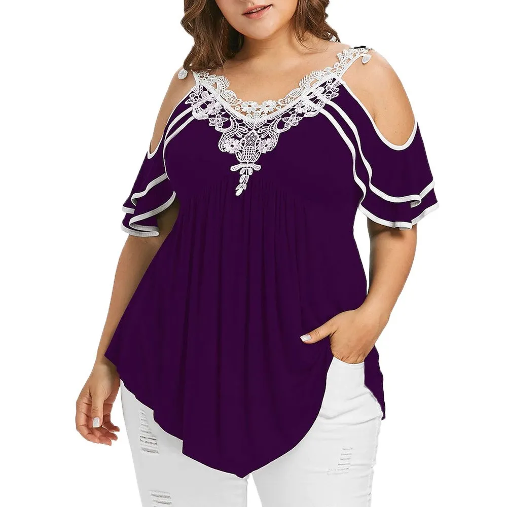 

2019 Summer Womens Sexy Tops Plus Size Blouses Short Cold Shoulder Lace Shirts Tunic Ladies Streetwear Casual Clothing