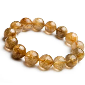 

Natural Gold Rutilated Quartz Crystal Bracelets Men Women Powerful Clear Round Bead Stretch Bracelet 15mm