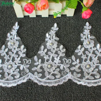 

YACKALASI White Bridal Wedding Lace Beading Appliqued Scalloped Beaded 3D Flower Embroidered Sewing Trims For Dress 17cm