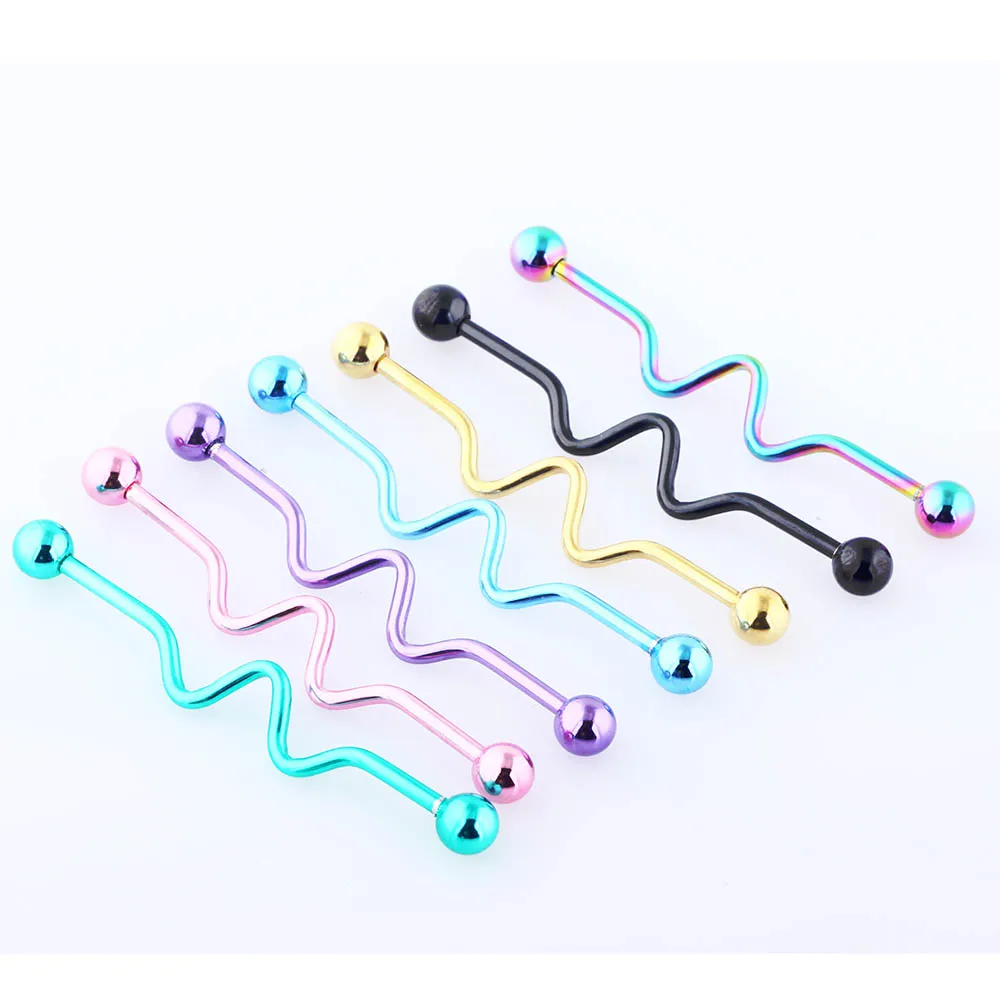 Industrial Barbell Earring Stainless Steel 14 Gauge Cartilage Earring Body Piercing 1 1/2 Inch(38mm)- Straight Coil Wave Twiste