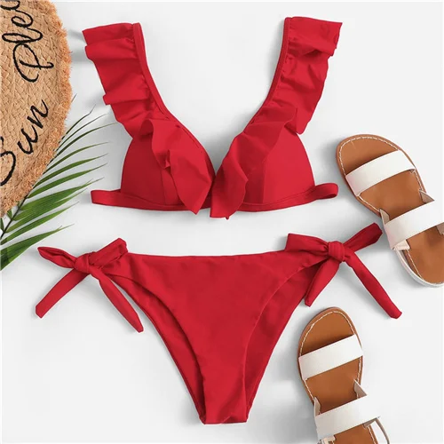 Romwe, спортивный Красный Одноцветный топ с оборками и треугольным вырезом, с завязками по бокам, комплект бикини, женский сексуальный пляжный купальник для отдыха - Цвет: Красный
