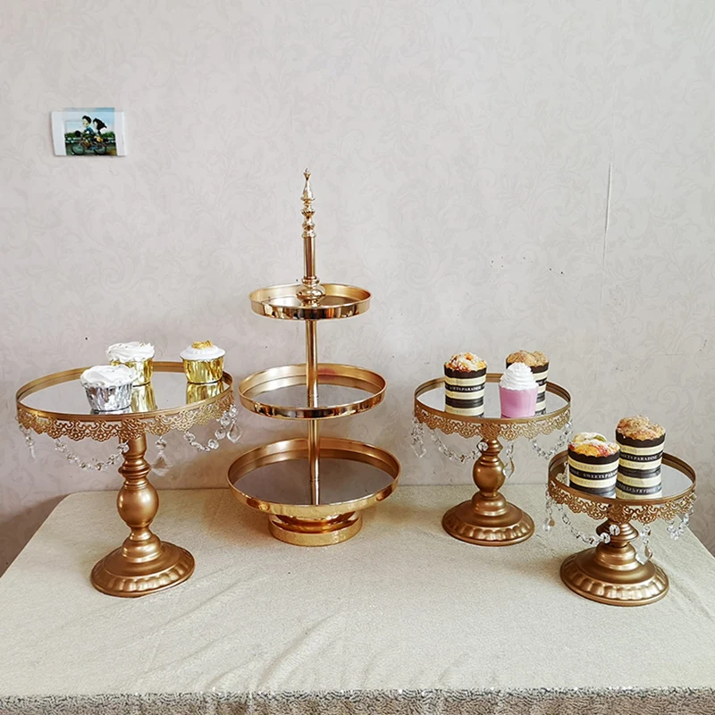 

4pcs /suit mirror Plated Mirror Cake Stand Round Chrome Metal Wedding Display Pedestal