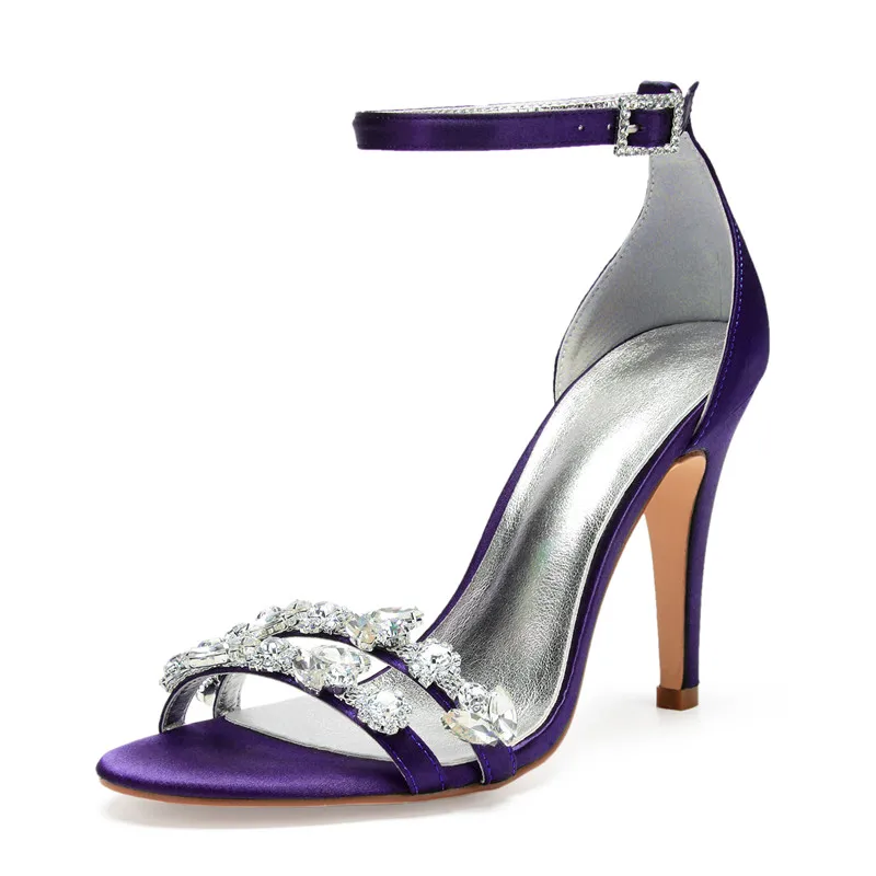 OnnPnnQ на высоком каблуке Стразы Свадебные сандалии Для женщин; Летняя обувь; открытый носок; Пряжка на щиколотке ремешками атласные вечерние сандалии под платье, для вечеринки - Цвет: purple