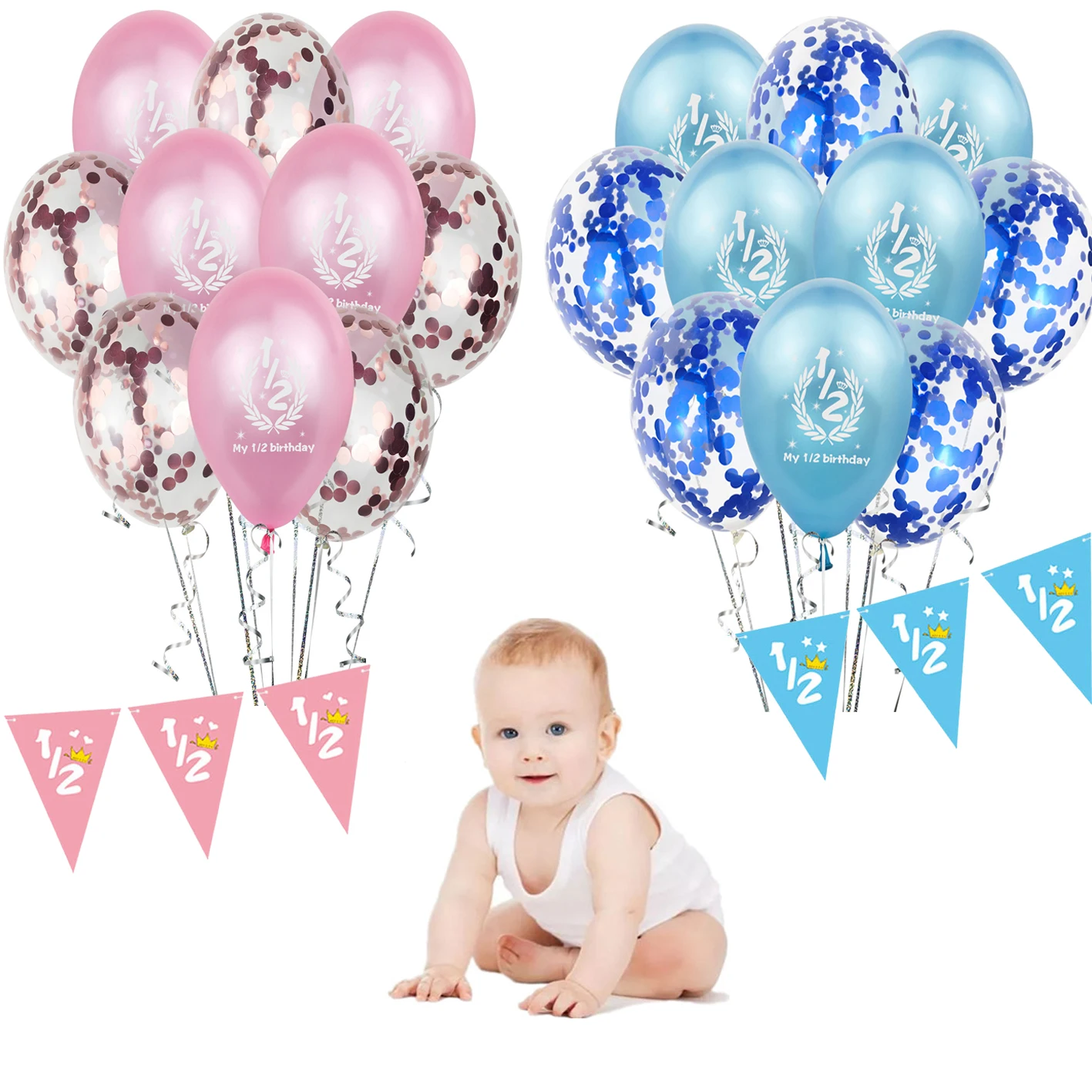 

12 inch Balloons 1/2 birthday party decorations baby girl boy pink blue number Banner flag half ballon anniversaire balonnen
