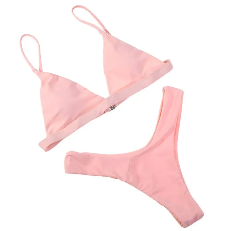 

Women Sexy Two Piece Bikini Set Brazilian Style Deep V-Neck Triangle Bra Low Waist Cross Faux Wrap Front Thong Solid Candy Color