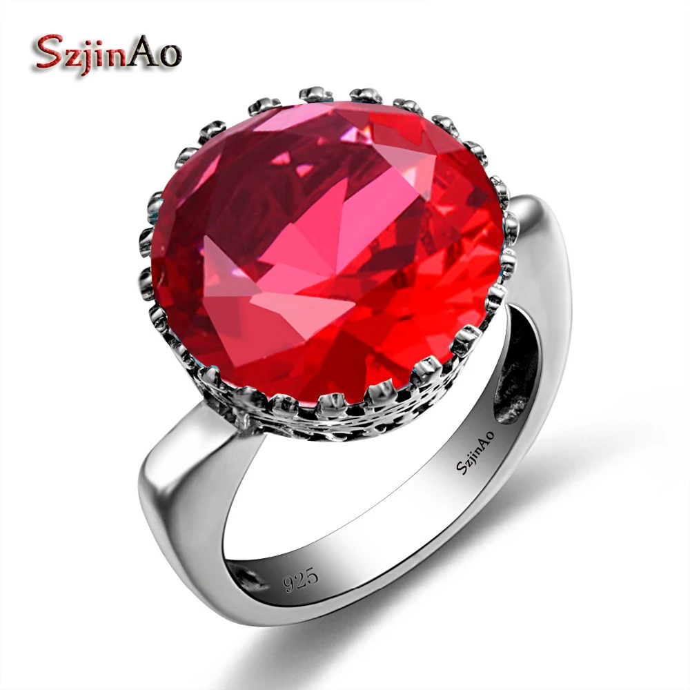 Szjinao Wholesale Princess Crown Big Rings for Women Round Red RubyWedding Engagement Punk Rock 925 Sterling Silver Jewelry