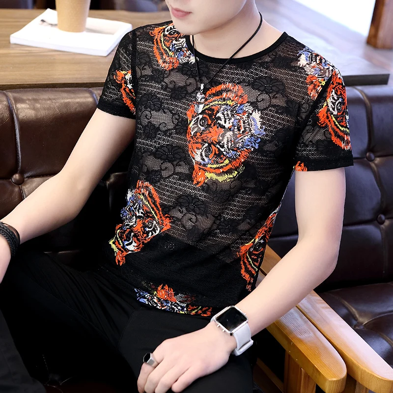 Мужские футболки модные из ледяного шелка 2019 мужские с принтом тигра Chemise Homme
