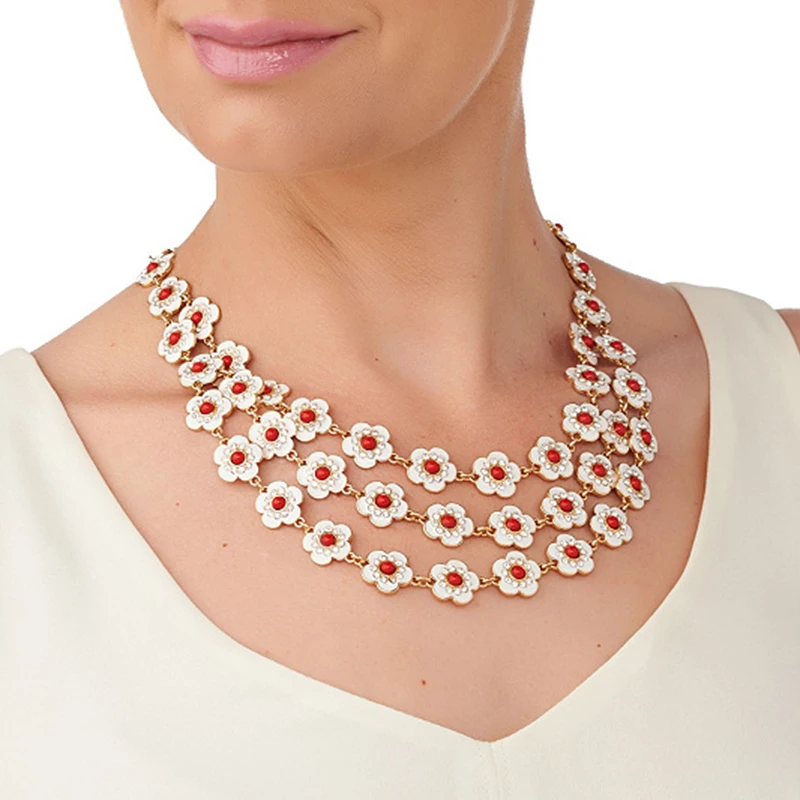 Multicamadas Vermelho Azul Cristal Esmalte Flor Colar 2017 Verão Bonito Maxi Colar Declaração Marca de Jóias