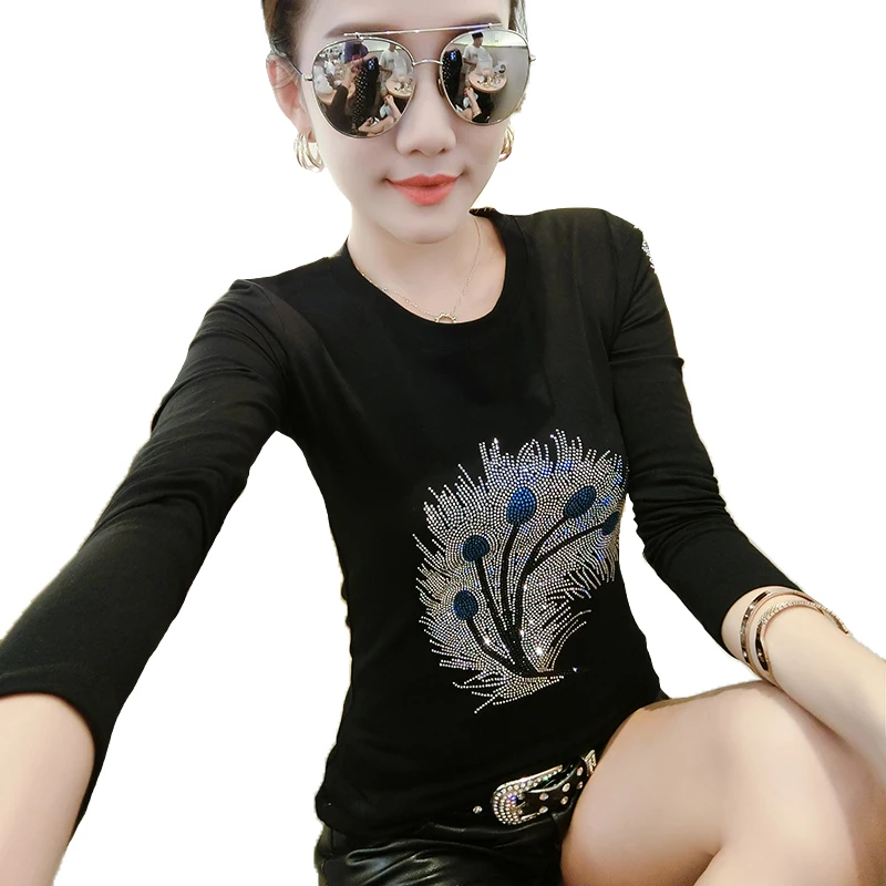 

s-3xl Plus size Blusas Women's Rhinestone Stunning Based long sleeve Top Tee Spring Autumn Girls luxury fashion T-Shirts
