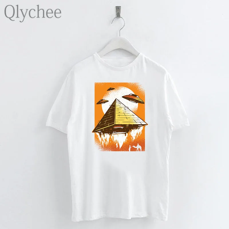 

Qlychee Harajuku Pyramid UFO Print Female T Shirts Top Tees Crew Neck Short Sleeve Loose Summer Spring Women T-shirts Top Tees
