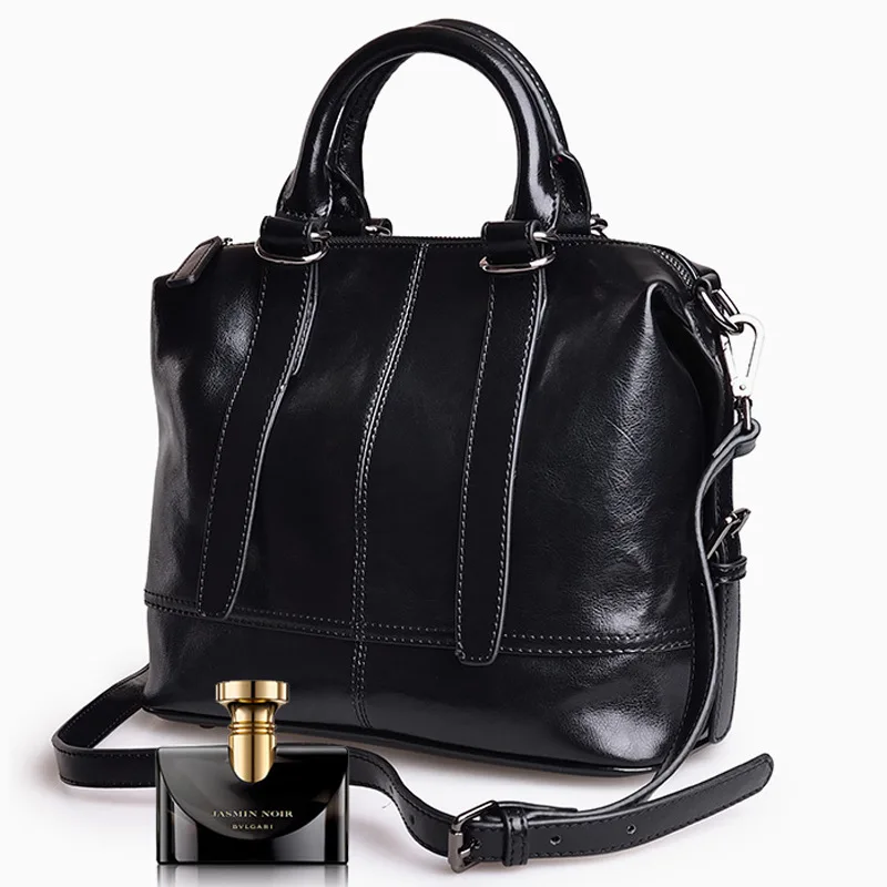 Высококачественная женская сумка, модная сумка с короткими ручками, женская сумка из воловьей кожи, новая брендовая фиолетовая черная сумка на плечо - Цвет: Черный