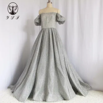 

2018 Simple but Elegant Silver Strapless Off the Shoulder Puffy Sleeve Pleated Sweep Train Prom Dresses