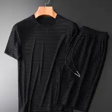 Minglu летние мужские комплекты(T-SHIRTS+ шорты) размера плюс 4XL Роскошные тонкие полосы с коротким рукавом мужские наборы тонкие мужские наборы с шортами