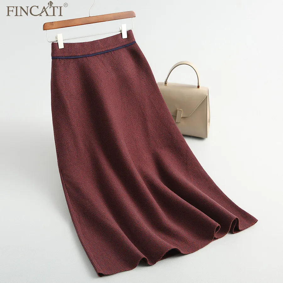 

Women Long Skirt Fincati Autumn Winter 2018 New Arrival Zig-Zag Pattern Vintage Empire A-Line Mid-Calf Elegant Knitted Skirt