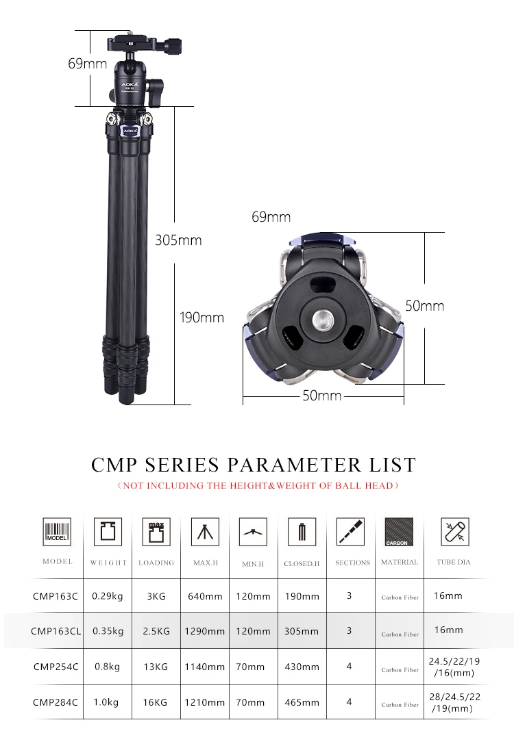 AOKA CMP163CL 578g Максимальная загрузка кг профессиональный модный легкий мини-штатив из углеродного волокна для камеры