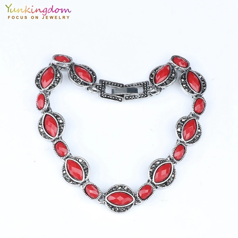 

Yunkingdom Brand Bohemian Style Ancient Silver Color Bracelets For Women Red Resin Bracelet Womens Jewelry Party Gift