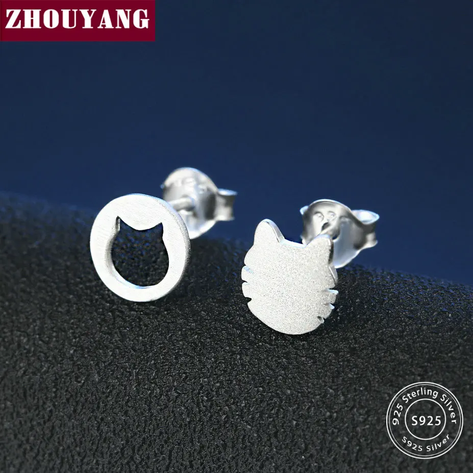 

ZHOUYANG Asymmetric Hollow Cat Silver Stud Earrings 925 Sterling Silver Handmade S925 Fashion Jewerly For Women EY197