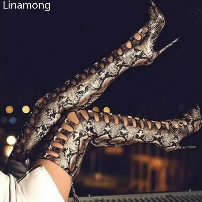 Sexy Python Leather Thigh High Long Boots Over the Knee Hollow Out Pointed Toe High Heel Women Nightclub Stiletto Boots Shoes Sexy Python Leather Thigh High Long Boots Over the Knee Hollow Out Pointed Toe High Heel Women Nightclub Stiletto Boots Shoes